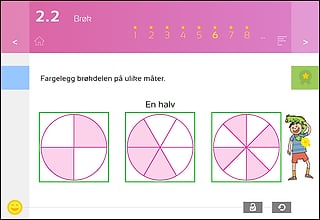 Skjermbilde fra «2.2 Brøk» som viser «En halv» fargelagt på sirkler delt inn i kvartdeler, seksdeler og åttendedeler
