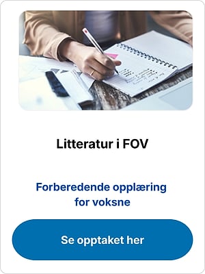 Hand writing in a notebook above the headings "Litteratur i FOV" and "Forberedende opplæring for voksne"