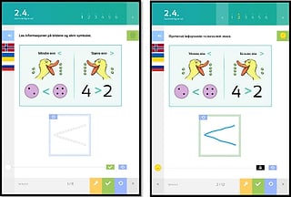 Skjermbilder av en matteoppgave på norsk og ukrainsk som sammenligner 4 og 2 med ender og større enn/mindre enn-tegn