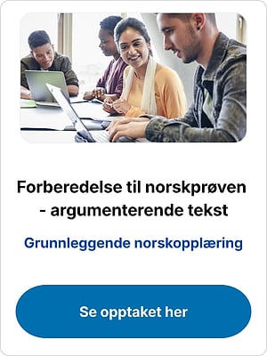 Students with laptops above the text "Forberedelse til norskprøven - argumenterende tekst" and "Se opptaket her"