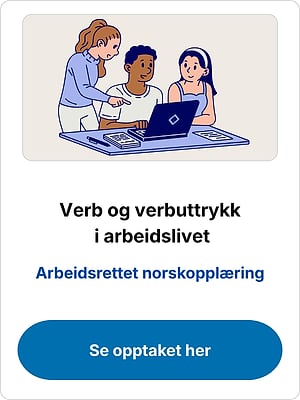 Three people look at a laptop, with the text "Verb og verbuttrykk i arbeidslivet"