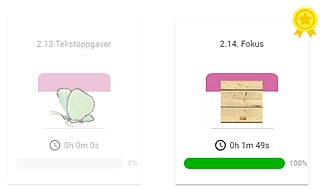 To moduler, «2.13 Tekstoppgaver» på 0 % og «2.14. Fokus» på 100 % med gullmerke