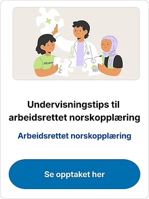 "Illustration of three people with puzzle pieces above the heading "Undervisningstips til arbeidsrettet norskopplæring"