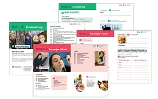 Fire eksempelsider fra NorskPluss Ungdoms arbeidsbok som viser "Modul 6 Livsmestring" og "Fra morgen til kveld"