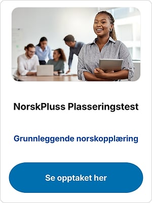 "NorskPluss Plasseringstest" card with a woman holding a tablet, a "Grunnleggende norskopplæring" heading