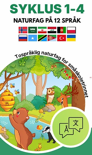 Omslag til "SYKLUS 1-4 – NATURFAG PÅ 12 SPRÅK", som viser skogsdyr og 12 språkflagg