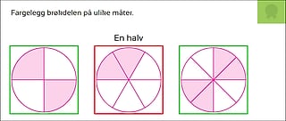 "Fargelegg brøkdelen på ulike måter" med tre sirkler delt inn i halvdeler, sjettedeler og åttendedeler
