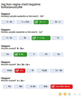 Skjermbilde av en mattequiz med tittelen «Jeg kan regne med negative bokstavuttrykk» med fem oppgaver, tre merket som riktig