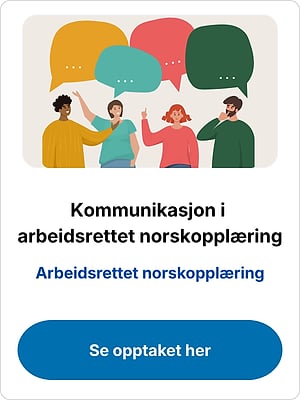 Four people talk under coloured speech bubbles, with the heading "Kommunikasjon i arbeidsrettet norskopplæring" and button "Se opptaket her"