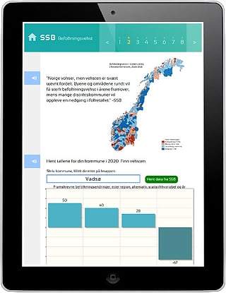 Nettbrett som viser SSBs side «Befolkningsfremskrivninger» med et befolkningskart over Norge og et «Vadsø»-diagram