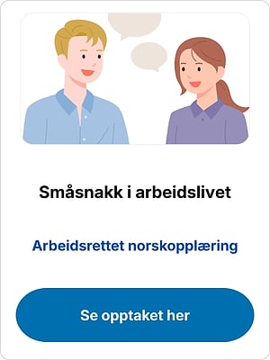Two people talking with speech bubbles above them, above the text "Småsnakk i arbeidslivet" and "Se opptaket her"
