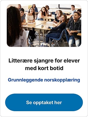 Students in a classroom with the text "Litterære sjangre for elever med kort botid" and a "Se opptaket her" button