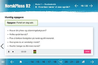 NorskPluss B2 muntlig oppgave "Fortell om deg selv" med fem spørsmål og et opptaksverktøy