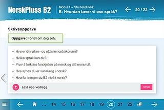 " NorskPluss B2" skriveoppgave "Oppgave: Fortell om deg selv" med fem punktspørsmål om bakgrunn og språk